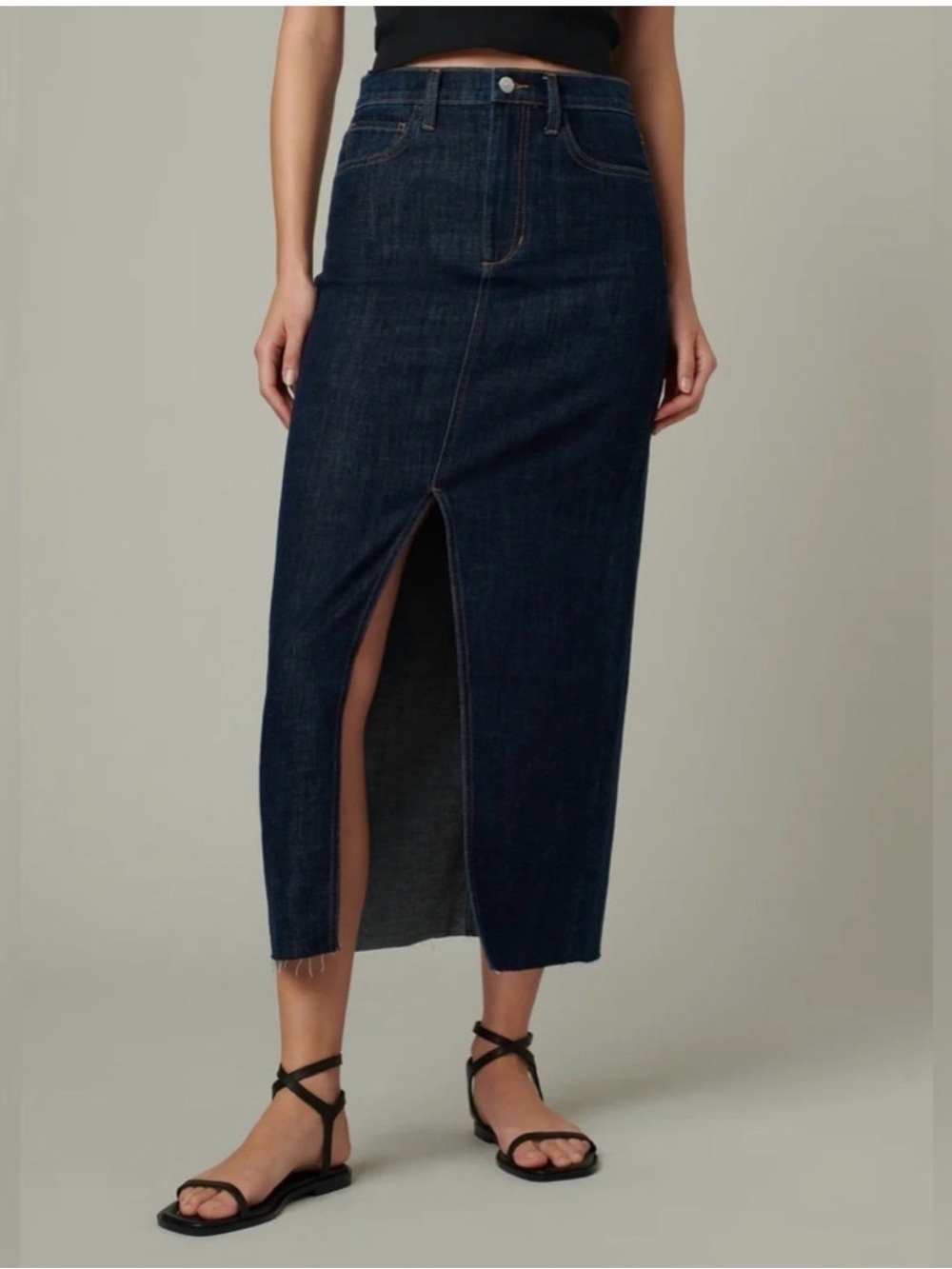 The Eva Maxi Denim Skirt Out of Control Dark Wash Raw Hem size 10/30